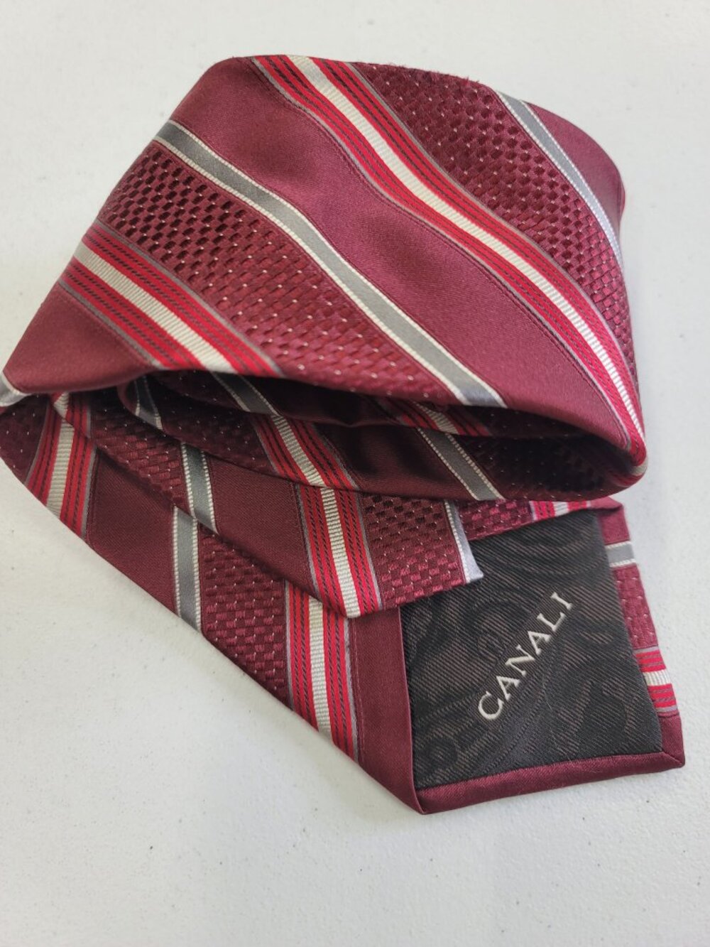 Canali Burgundy Striped Necktie – Red White Grey Diagonal Stripe Tie